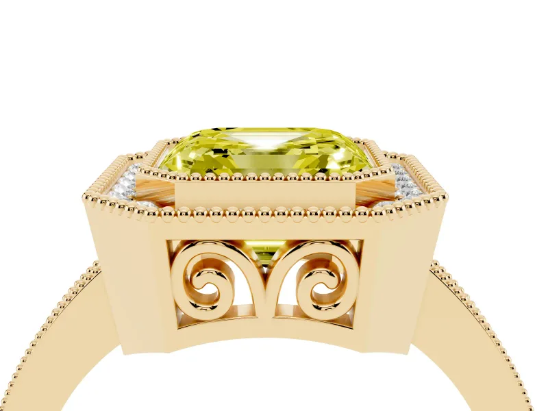 Fancy Yellow Asscher Cut Diamond Halo Ring Set in Yellow gold with Pavé Band and Milgrain-Edged Prongs
