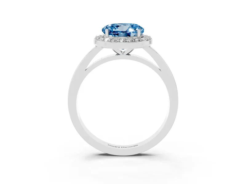 Fancy Blue Round Cut Diamond Halo Ring Set in White gold with Solitaire Band and Prong Setting