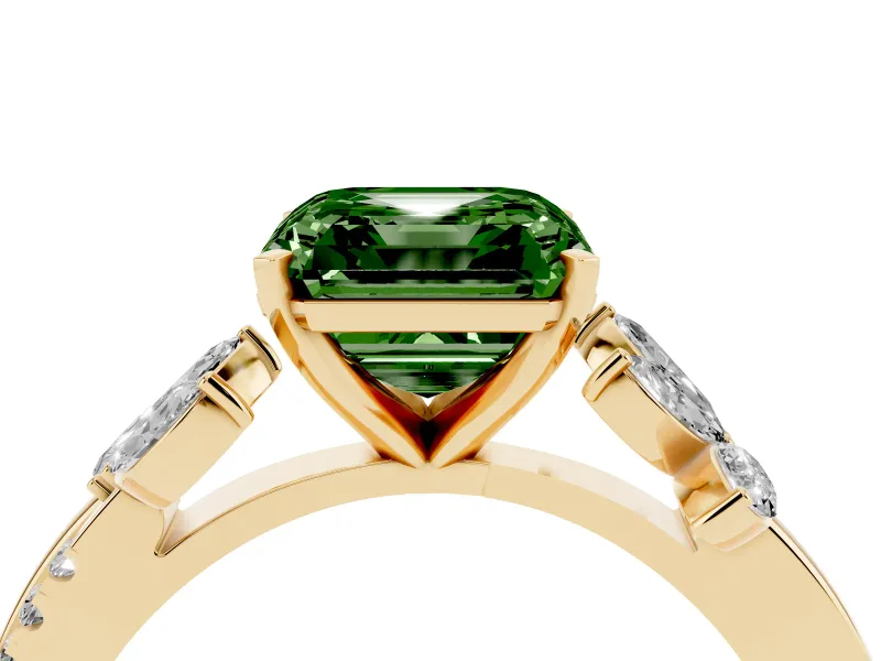 Fancy Green Asscher Cut Diamond Floral Vine Solitaire Engagement Ring Set in Yellow gold with Marquise Leaves