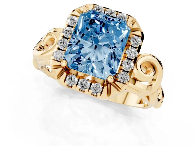 Radiant Cut Filigree Halo Engagement Ring Setting for a Fancy Blue Lab-Grown Diamond | Yellow Gold