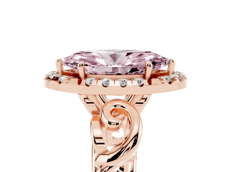 Fancy Pink Marquise Cut Diamond Halo Ring Set in Rose gold with Scrollwork Band and Prong Setting