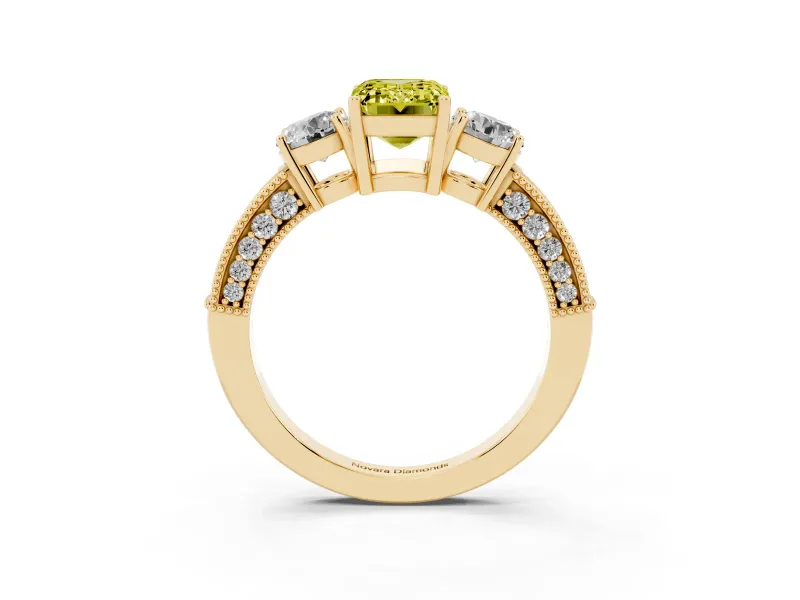 Emerald Cut Three Stone Engagement Ring Setting for a Fancy Yellow Lab-Grown Diamond | Graduated Pave Band | Yellow Gold