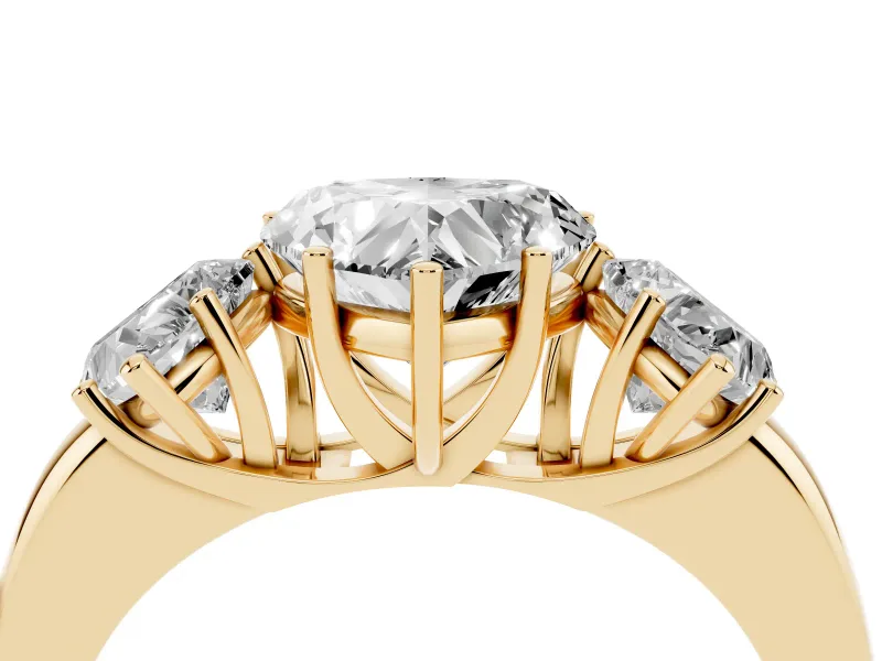 Heart Cut Diamond Three-Stone Ring Set in Yellow gold with Bold Center and Classic Band