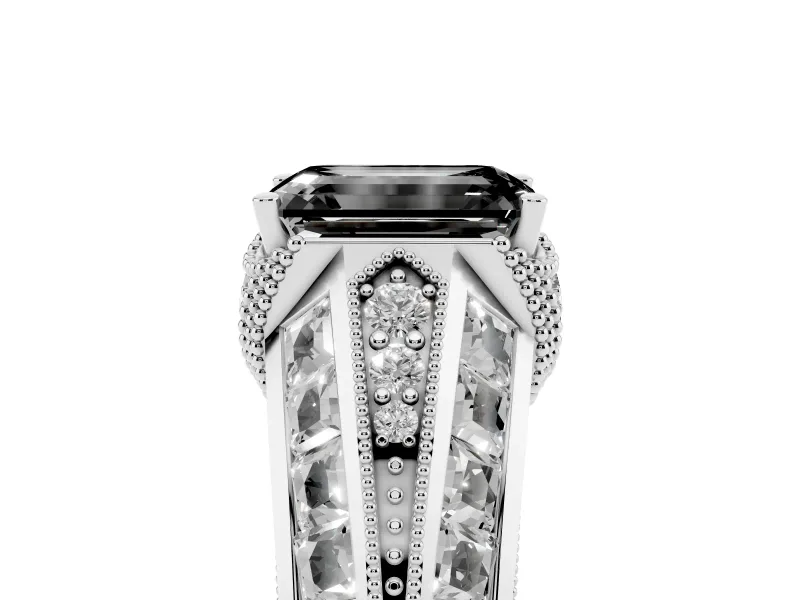 Fancy Black Emerald Cut Diamond Vintage-Inspired Milgrain Ring Set in Platinum with Accent Split Shank