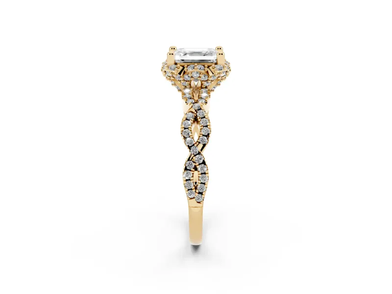 Asscher Cut Diamond Halo Twist Band Solitaire Ring Set in Yellow gold with Prong-Set Center Stone