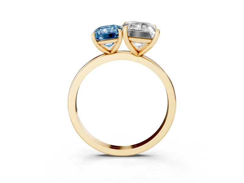 Fancy Blue Emerald Cut and Emerald Cut Toi Moi Ring Set in Yellow gold with Prong Setting