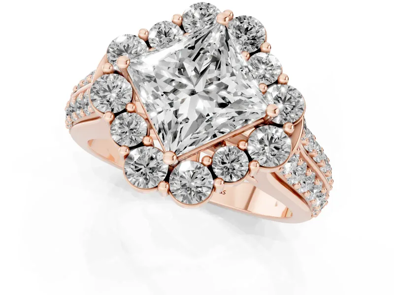 Princess Cut Diamond Halo Engagement Ring Set in Rose gold with Split Shank and Prong Setting