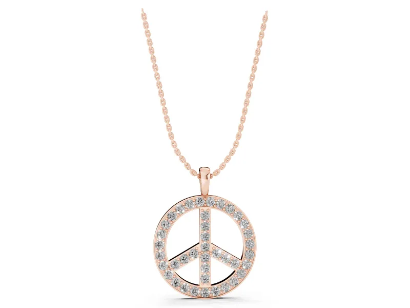 Round Lab-Grown Diamond Pavé Peace Sign Pendant Necklace | Shared Prongs | Rose Gold
