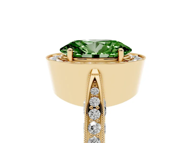 Oval Milgrain Halo Engagement Ring Setting for a Fancy Green Lab-Grown Diamond | Side Stones | Yellow Gold
