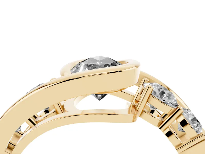 Fancy Black Pear Cut Diamond Bezel Bypass Ring Set in Yellow gold with Round Accents