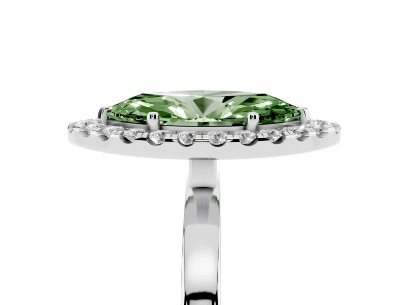 Fancy Green Marquise Cut Diamond Halo Solitaire Ring Set in White gold with Pavé Band and Prong Setting