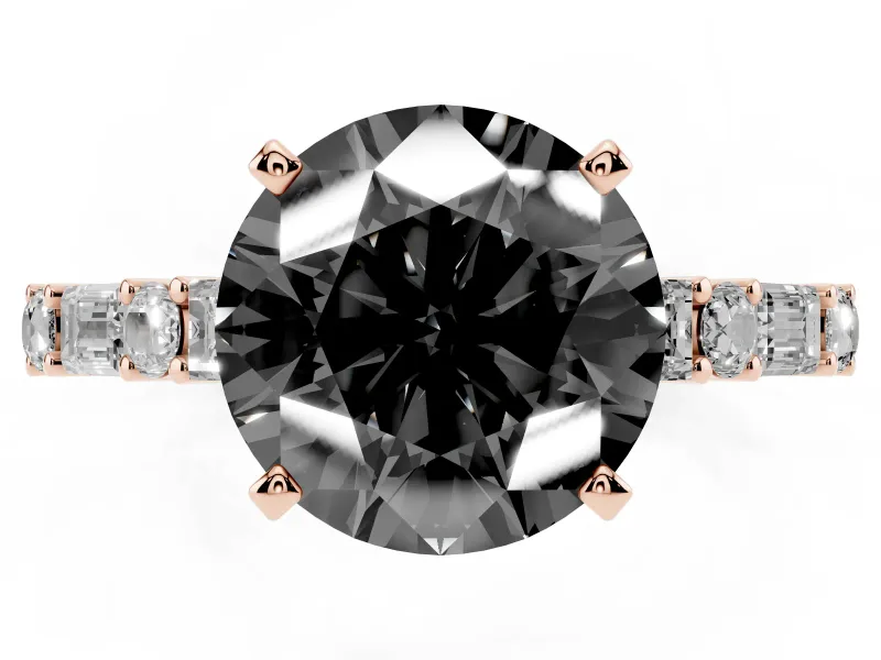 Fancy Black Round Cut Diamond Solitaire Set in Rose gold with Side Baguettes and Channel Set Band