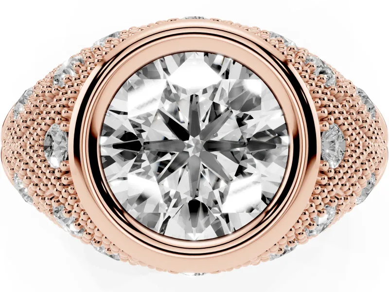 Round Cut Diamond Bezel Ring Set in Rose gold with Milgrain Accent Band