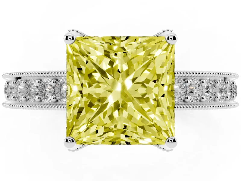 Fancy Yellow Princess Cut Diamond Solitaire Ring Set in Silver with Milgrain-Edged Pavé Band and Prong Setting