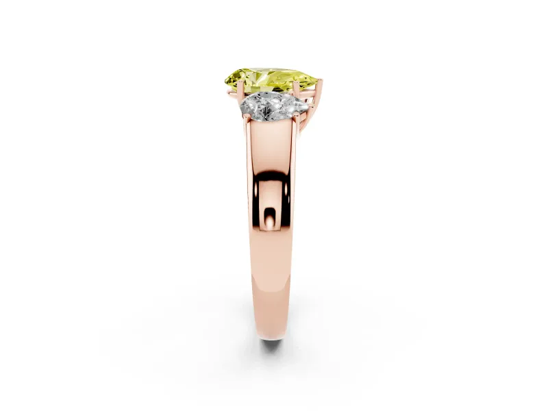 Fancy Yellow Three-Stone Pear Cut Diamond Ring Set in Rose gold with Matching Prong Settings and Plain Band