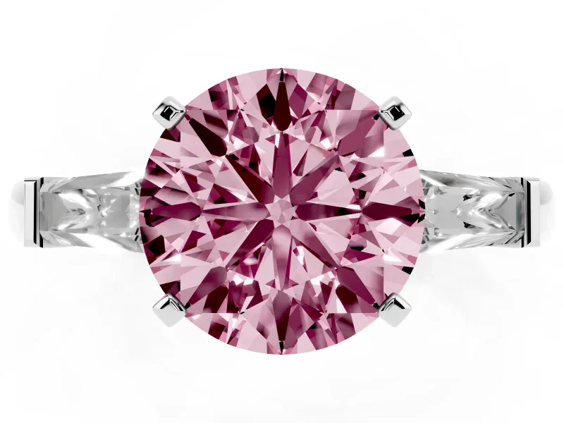 Round Three Stone Engagement Ring Setting for a Fancy Pink Lab-Grown Diamond | Tapered Baguettes | White Gold