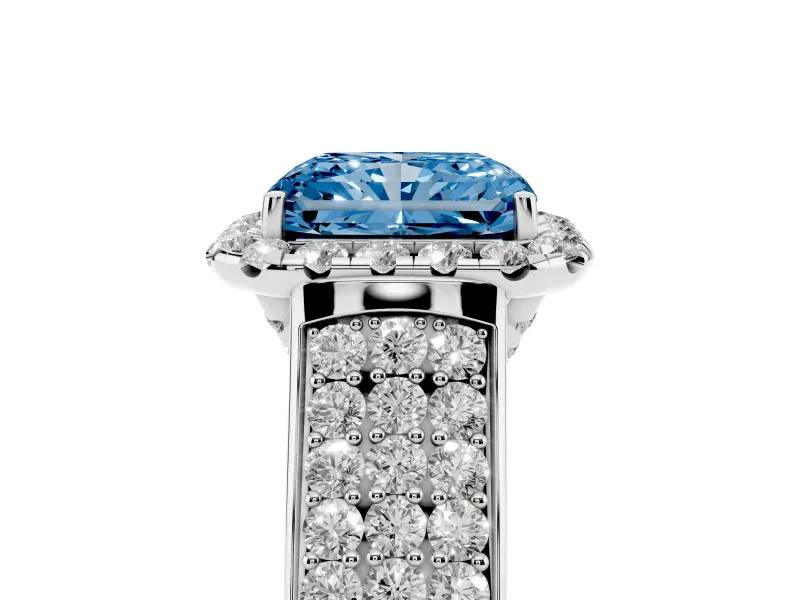 Radiant Cut Pavé Engagement Ring Setting for a Fancy Blue Lab-Grown Diamond | Wide Three-Row Band | White Gold