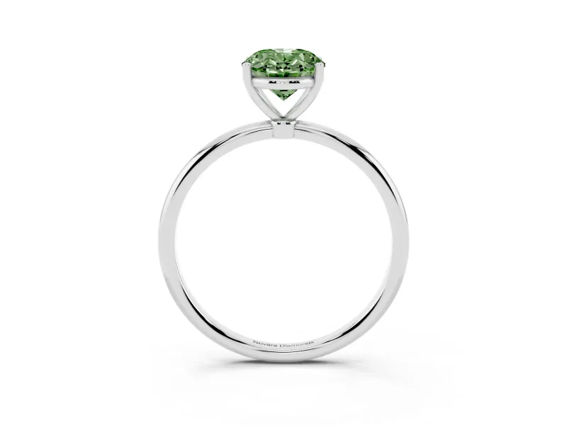 Fancy Green Oval Cut Diamond Solitaire Engagement Ring Set in Platinum with Thin Band and Prong Setting