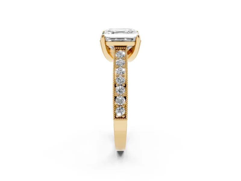 Asscher Cut Vintage Hidden Halo Engagement Ring Setting | Milgrain Pave Band | Yellow Gold