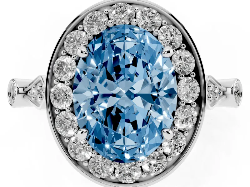 Oval Vintage Halo Engagement Ring Setting for a Fancy Blue Lab-Grown Diamond | Bezel Station Shoulders | Sterling Silver
