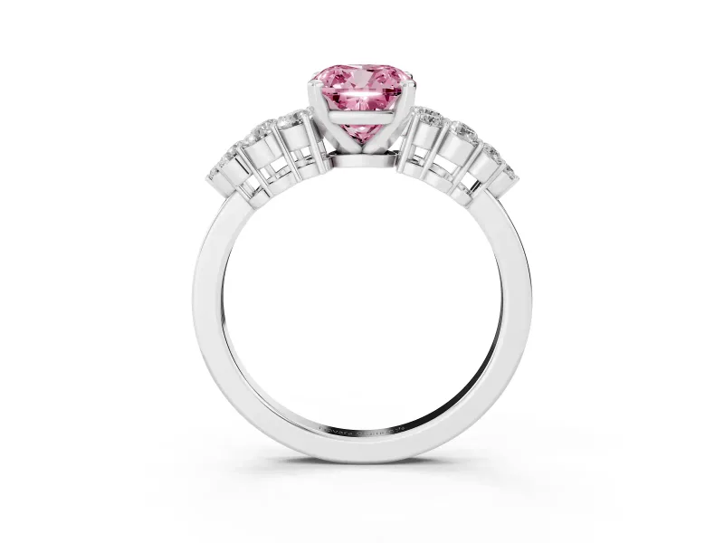 Fancy Pink Cushion Cut Diamond Cluster Engagement Ring Set in Platinum with Pavé Band and Prong Setting