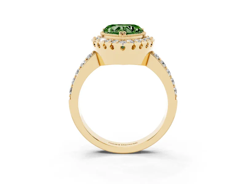 Heart-Shaped Milgrain Halo Engagement Ring Setting for a Fancy Green Lab-Grown Diamond | Pavé Shoulders | Yellow Gold