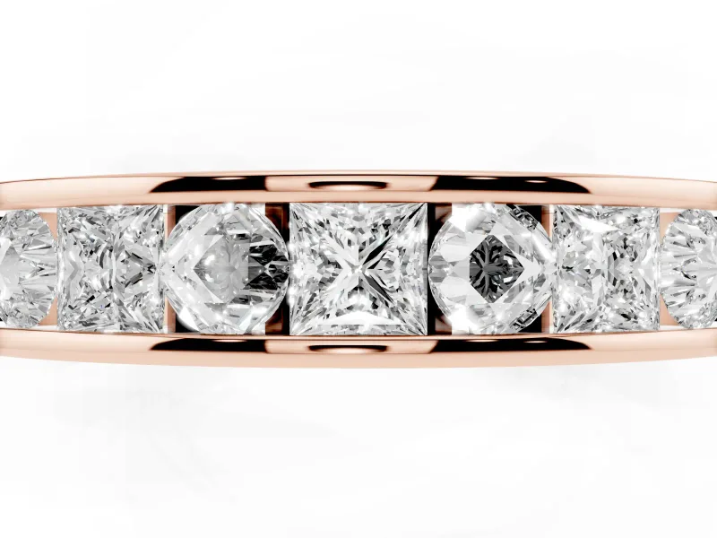 Princess Diamond Channel Set Promise Ring Set in Rose gold with Round Accent Stations