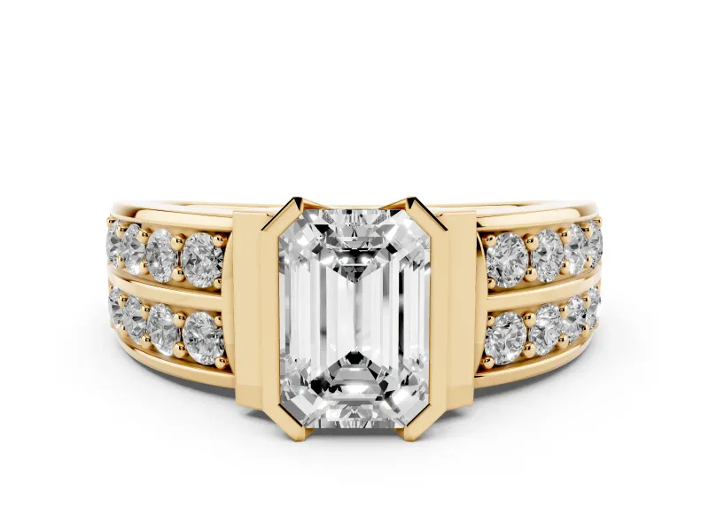 Emerald Cut Diamond Wide Channel Set Band Ring Set in Yellow gold with Bezel Setting