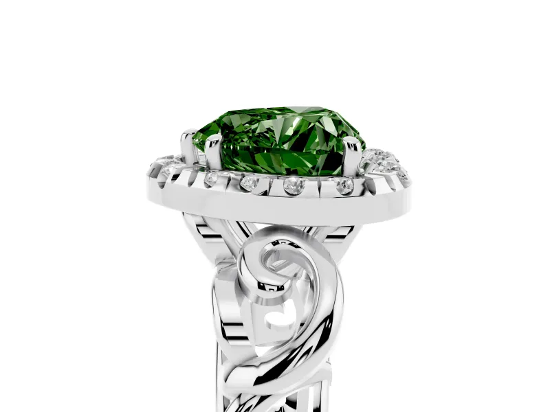 Fancy Green Heart Cut Diamond Halo Ring Set in Platinum with Scrollwork Band and Prong Setting