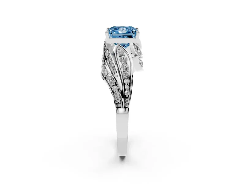 Fancy Blue Princess Cut Diamond Solitaire Ring Set in Silver with Layered Twist Pavé Band