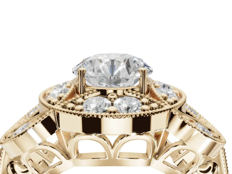 Round Vintage Floral Halo Engagement Ring Setting | Engraved Milgrain Band | Yellow Gold