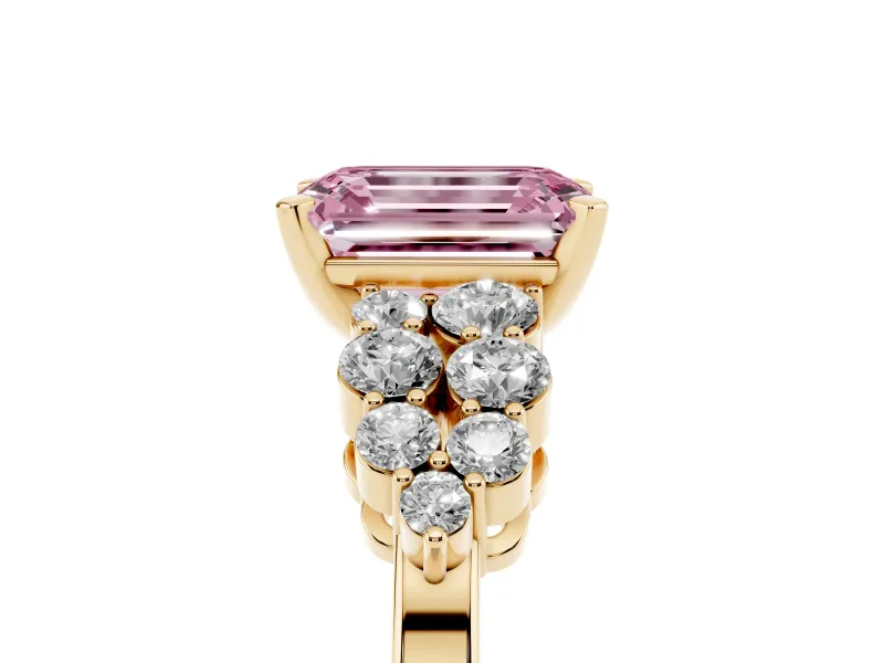 Emerald Cut Side Stone Engagement Ring Setting for a Fancy Pink Lab-Grown Diamond | Shoulder Clusters | Yellow Gold