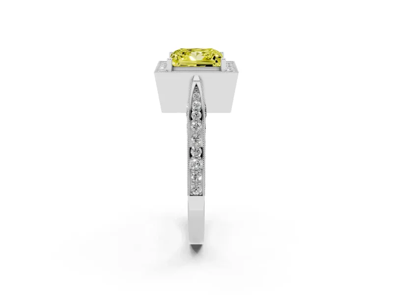 Princess Cut Milgrain Halo Engagement Ring Setting for a Fancy Yellow Lab-Grown Diamond | Side Stones | Sterling Silver