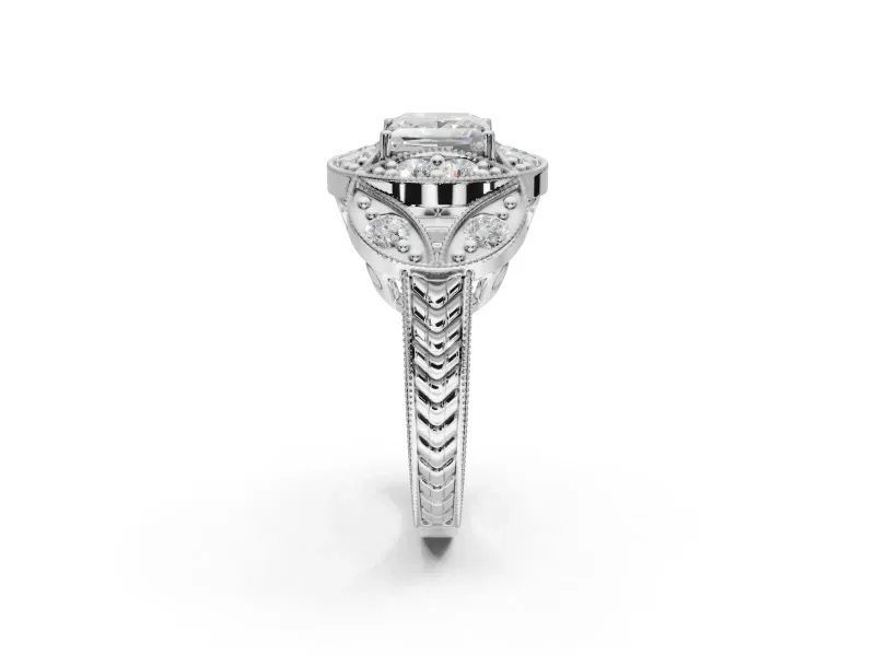 Princess Cut Vintage Floral Halo Engagement Ring Setting | Engraved Milgrain Band | Platinum
