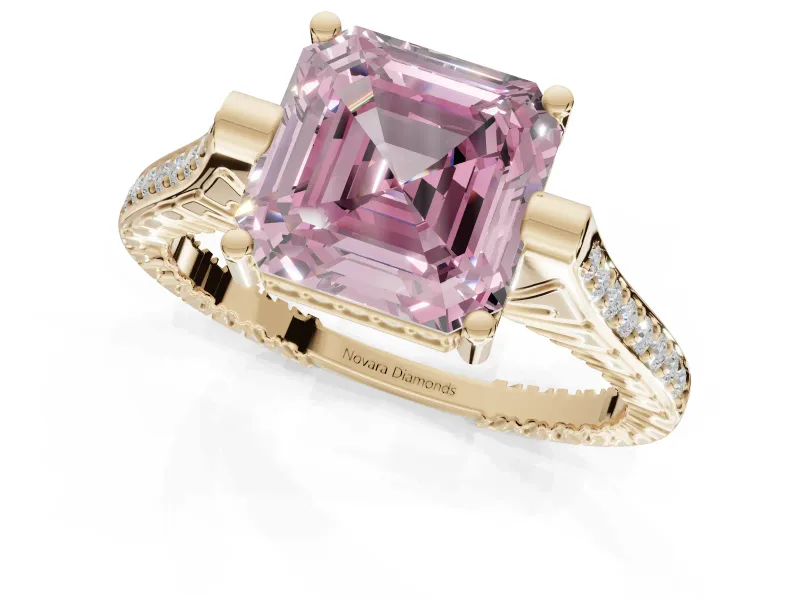 Asscher Cut Vintage Cathedral Engagement Ring Setting for a Fancy Pink Lab-Grown Diamond | Carved Band | Yellow Gold