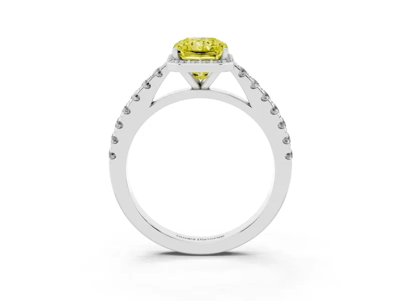 Fancy Yellow Radiant Cut Diamond Halo Engagement Ring Set in Silver with Pavé Band and Prong Setting