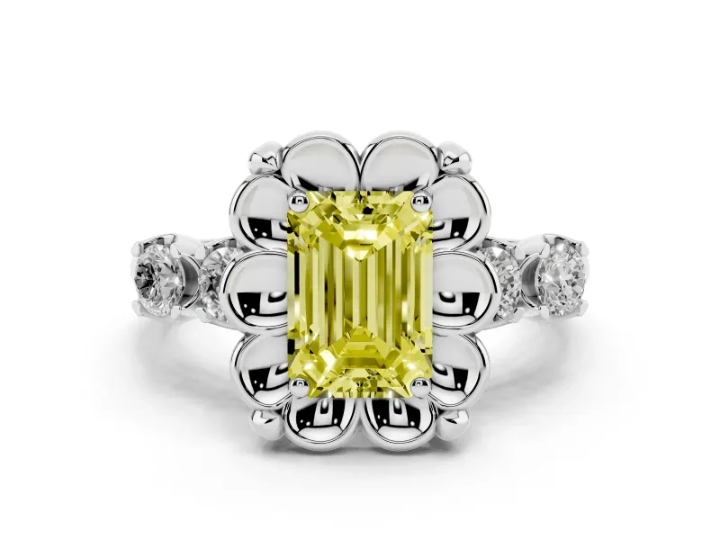 Fancy Yellow Emerald Cut Diamond Floral Halo Ring Set in Silver with Shared Prong Band