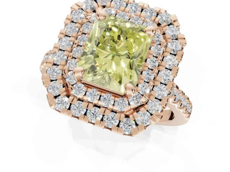 Radiant Cut Double Halo Engagement Ring Setting for a Fancy Yellow Lab-Grown Diamond | Pave Shoulders | Rose Gold