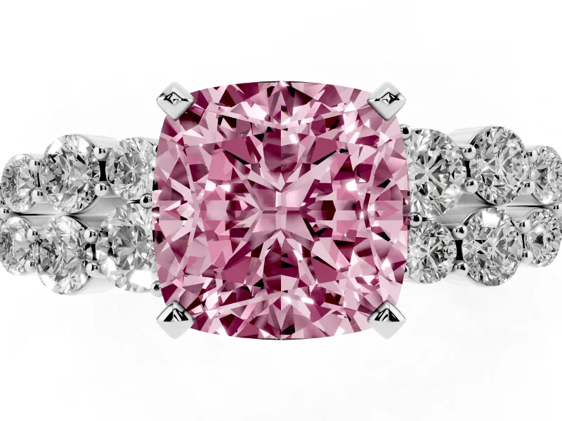 Cushion Cut Side Stone Engagement Ring Setting for a Fancy Pink Lab-Grown Diamond | Two-Row Shoulder Clusters | Platinum