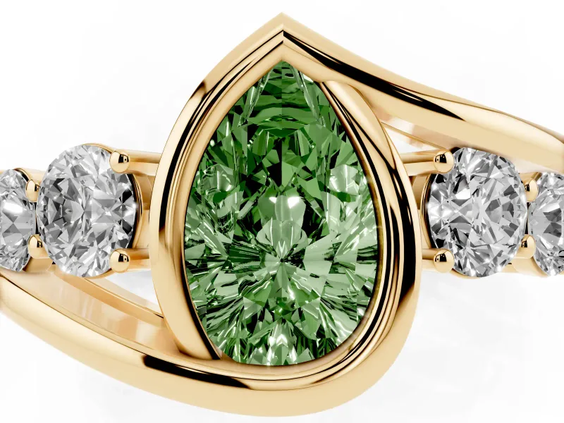 Fancy Green Pear Cut Diamond Bezel Bypass Ring Set in Yellow gold with Round Accents