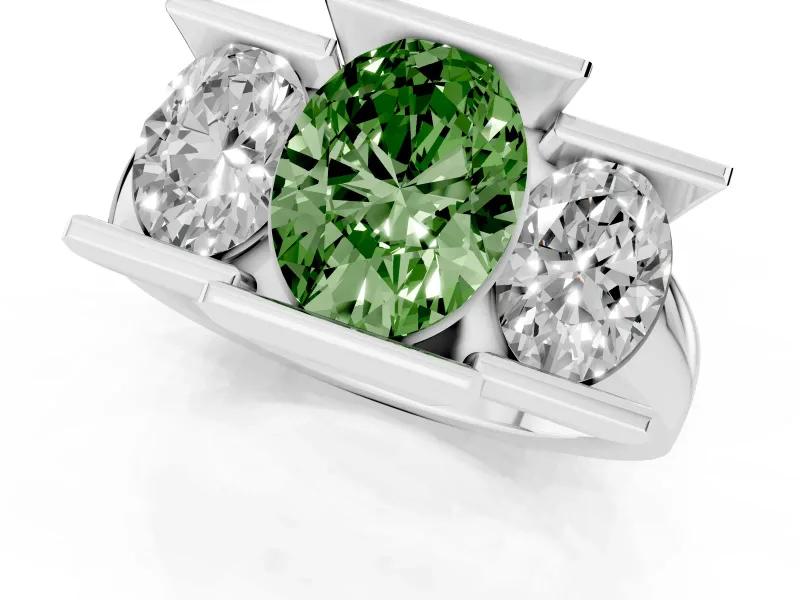 Fancy Green Oval Cut Diamond Three-Stone Channel Set Ring Set in Silver with Smooth Polished Band