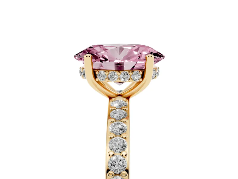 Fancy Pink Oval Cut Diamond Pavé Band Ring Set in Yellow gold with Prong-Set Center Stone