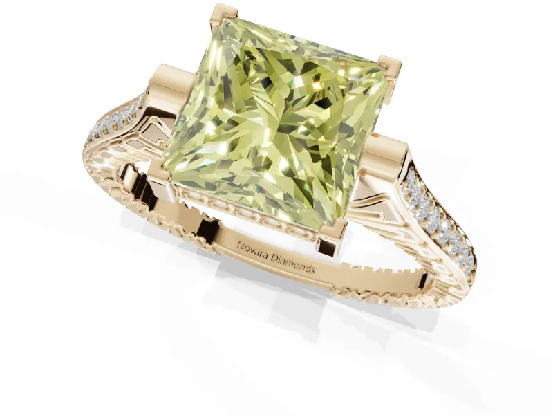 Princess Cut Vintage Cathedral Engagement Ring Setting for a Fancy Yellow Lab-Grown Diamond | Carved Band | Yellow Gold