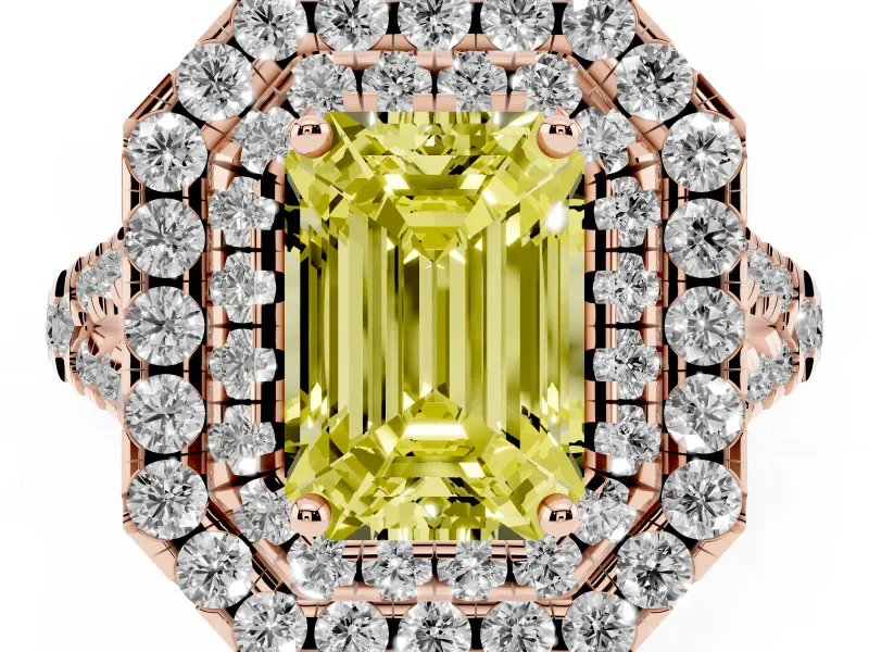 Emerald Cut Halo Split Shank Engagement Ring Setting for a Fancy Yellow Lab-Grown Diamond | Pavé Strands | Rose Gold