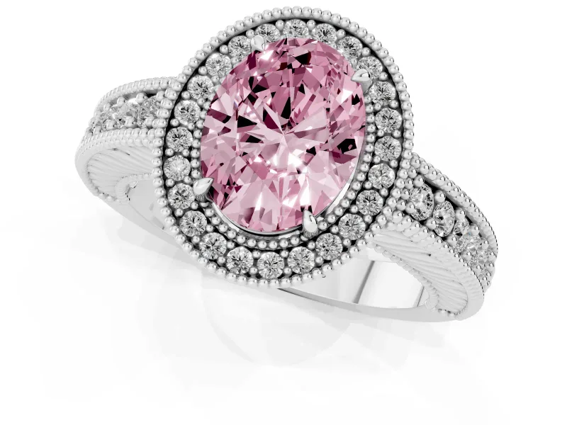 Fancy Pink Oval Cut Diamond Halo Ring Set in White gold with Round Accent Halo, Pavé Band and Prong Setting