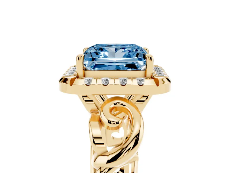 Fancy Blue Princess Cut Diamond Halo Ring Set in Yellow gold with Scrollwork Band and Prong Setting