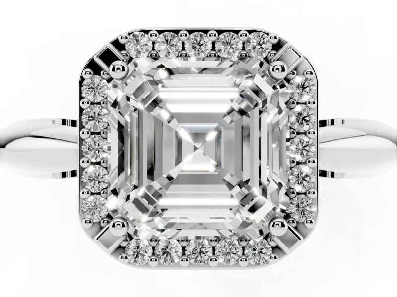 Asscher Cut Diamond Halo Engagement Ring Set in Silver with Plain Split Shank and Prong Setting