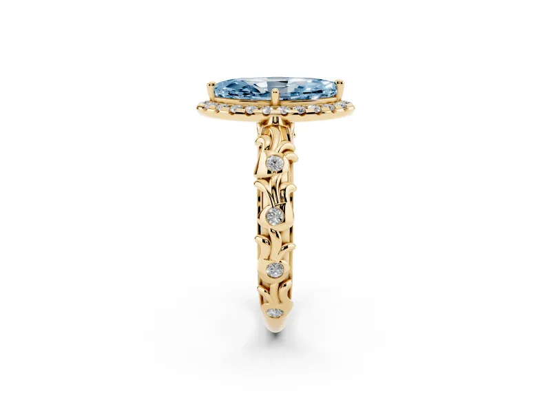 Marquise Leaf Halo Engagement Ring Setting for a Fancy Blue Lab-Grown Diamond | Yellow Gold