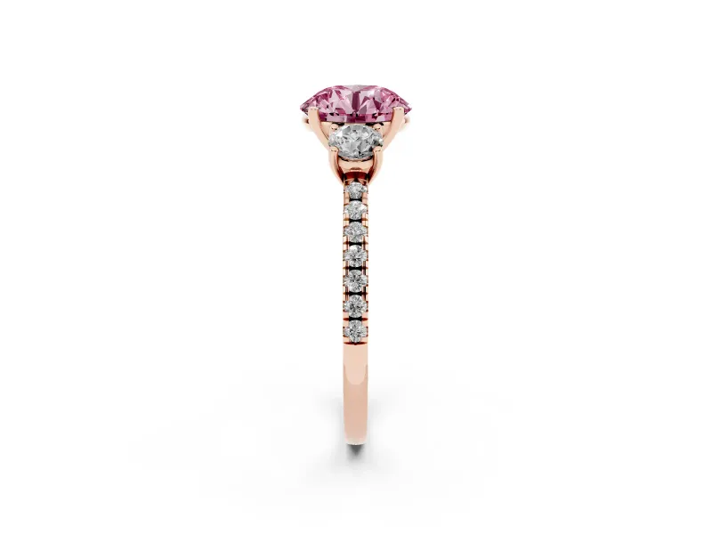 Round Three Stone Engagement Ring Setting for a Fancy Pink Lab-Grown Diamond | Pave Shoulders | Rose Gold
