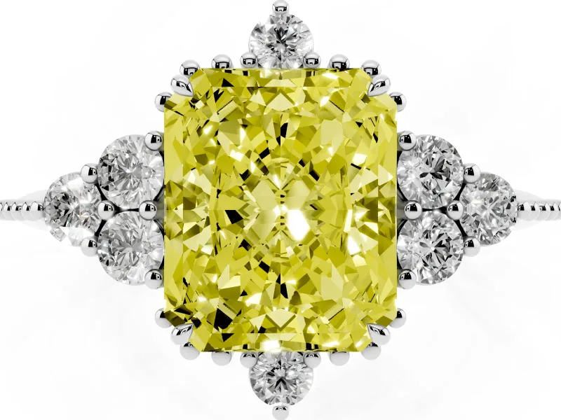 Fancy Yellow Radiant Cut Diamond Cluster Ring Set in Platinum with Beaded Band